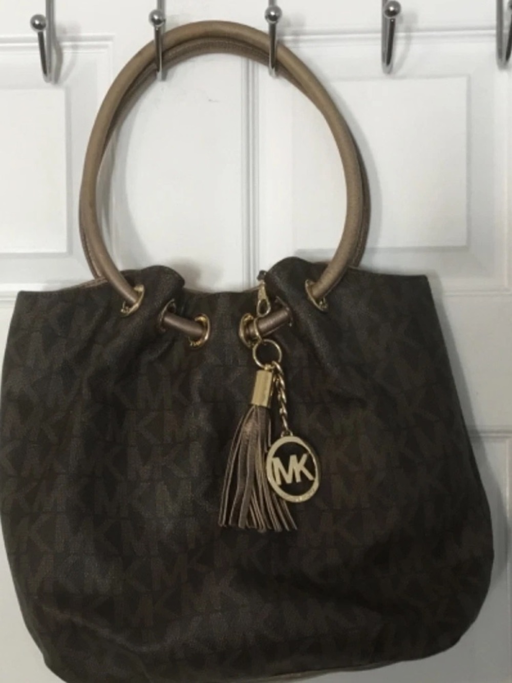 Michael Kors Brown MK Logo Tassel Shoulder Bag with Tan Handles